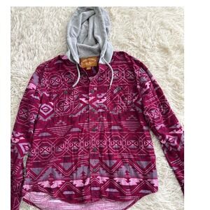 Red Camel Burgundy Aztec Print Flannel Southwestern Hooded Shirt Womens Size L